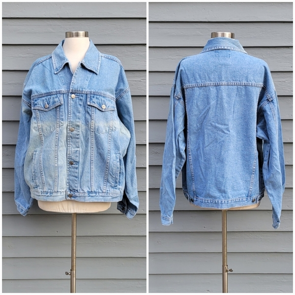 Vintage 90s y2k Blue Jean Cotton Denim Classic Distressed Faded Trucker Jacket - Picture 1 of 5